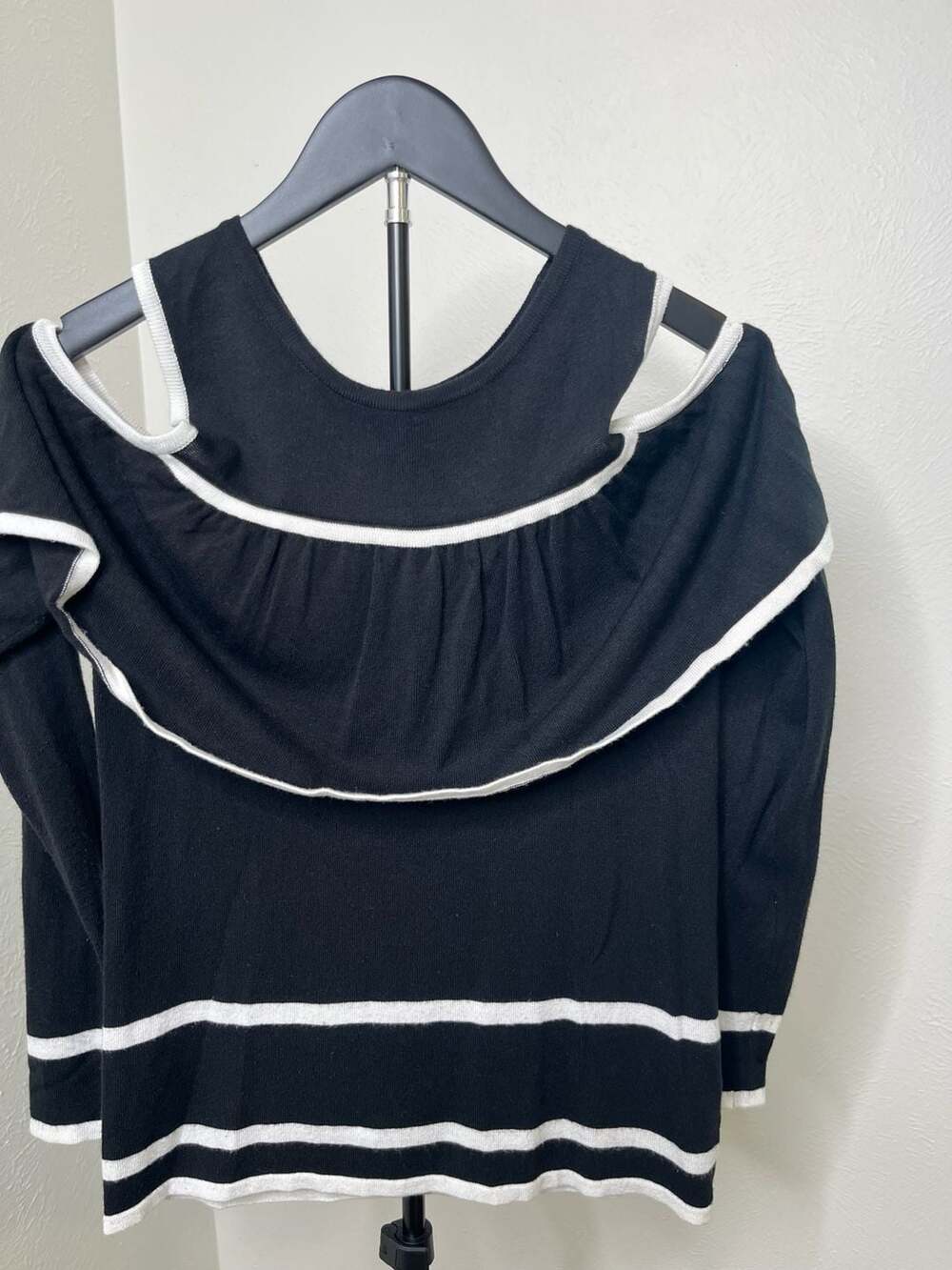 Black White Striped Cold Shoulder Ruffle Sleeve Sweater Y2K Statement Knit Top